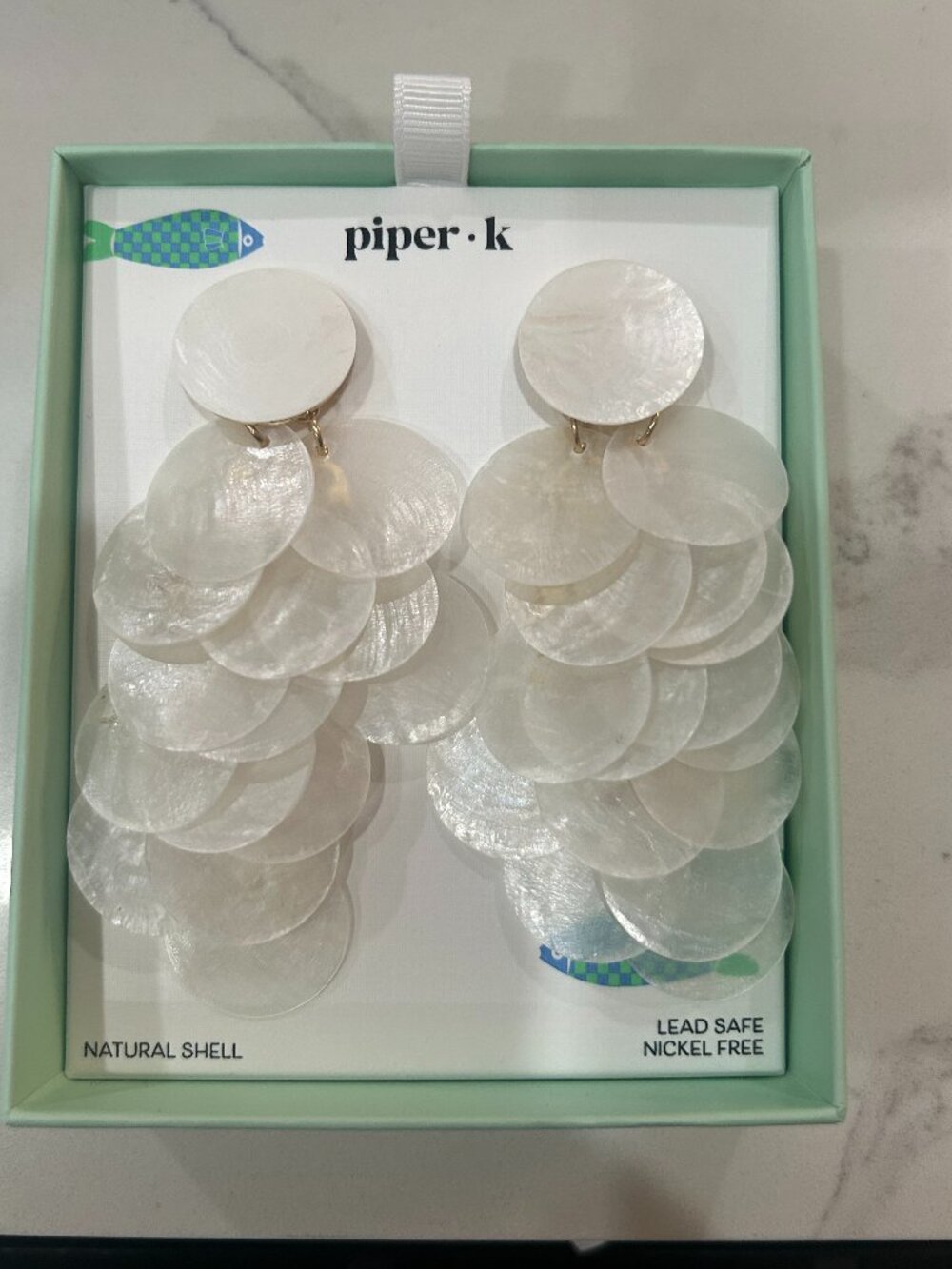 Piper K Chandelier Natural Shell Dangle Drop Earrings New in Box